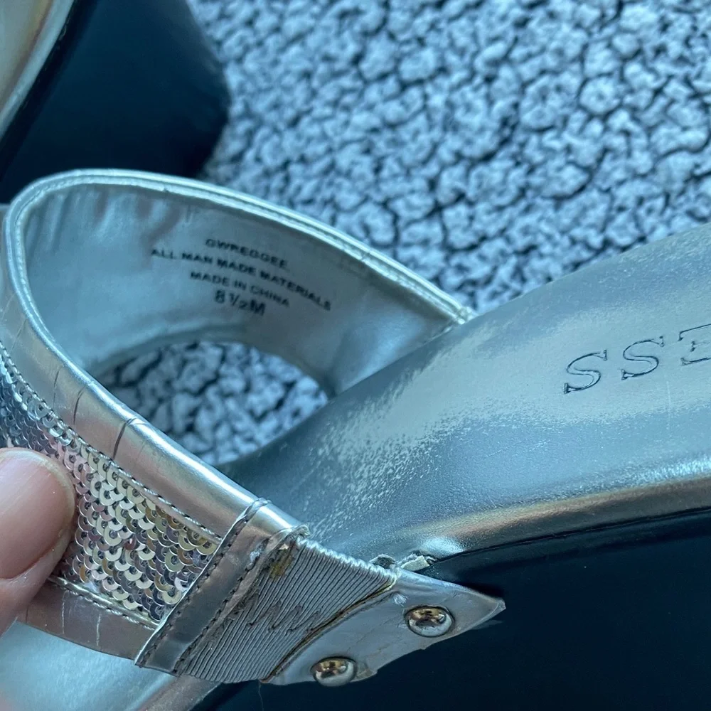 Guess Metallic Silver Sequin Wedge Sandals with Heart Charm